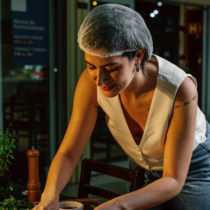 Gabriela Tambani montando uma mesa com pizzas